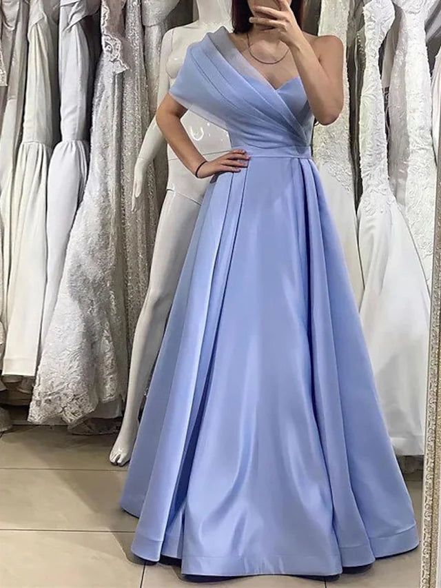 Lavender One Shoulder A-Line Satin Long Prom Dress,DP1136