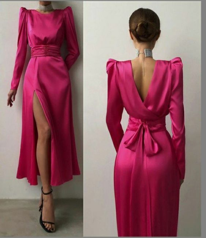 Fuchsia Long Sleeves Midi Length Party Dress,DP1138