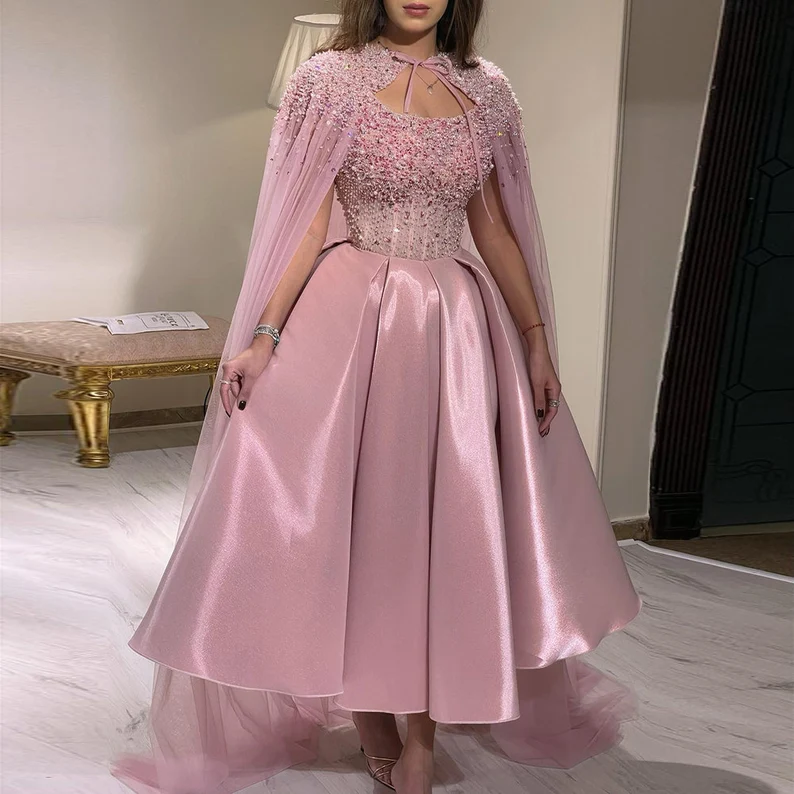 Pink Off Shoulder Beading Midi Length Evening Party Dress with Cape,DP1139