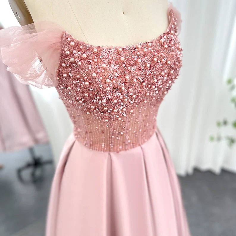 Pink Off Shoulder Beading Midi Length Evening Party Dress with Cape,DP1139