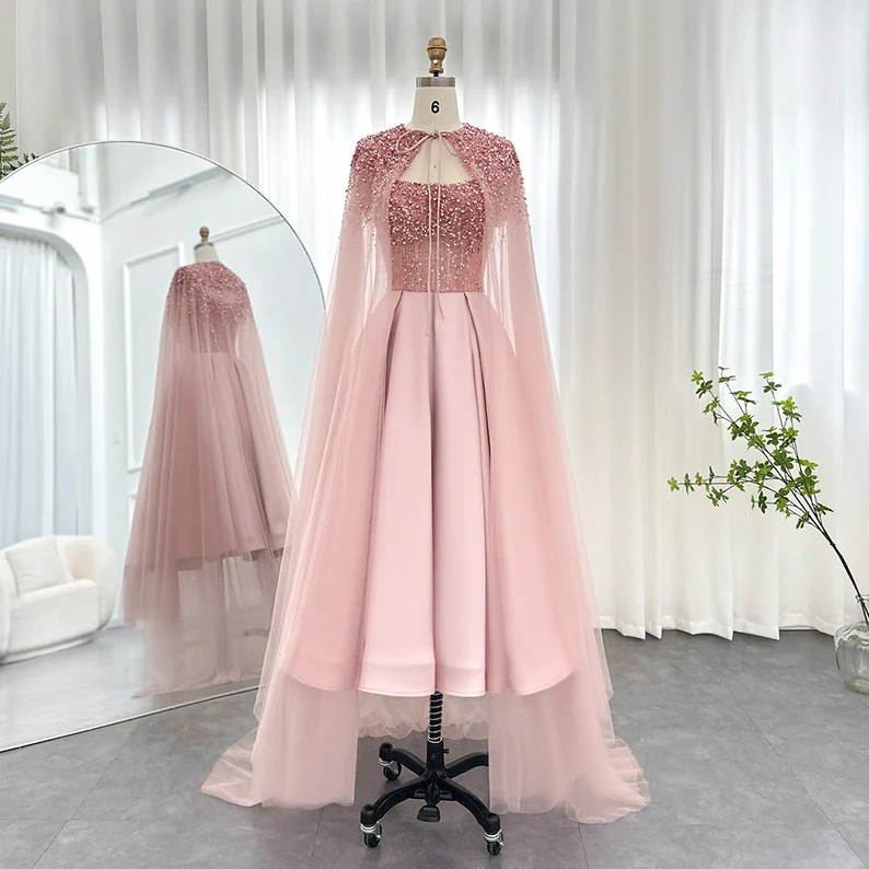 Pink Off Shoulder Beading Midi Length Evening Party Dress with Cape,DP1139