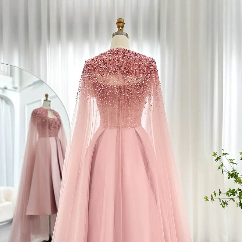 Pink Off Shoulder Beading Midi Length Evening Party Dress with Cape,DP1139