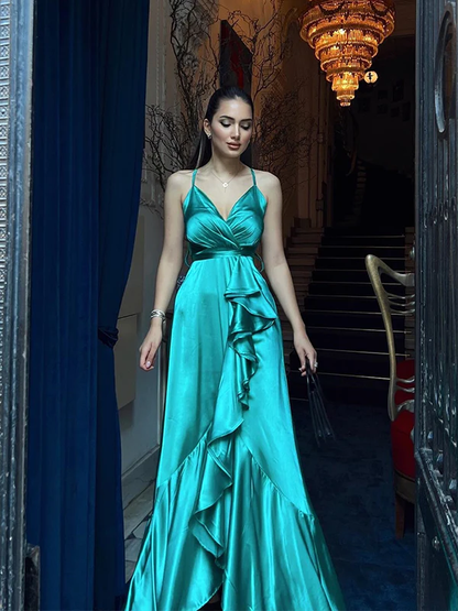 Elegant Green Spaghetti Straps V-neck A-line Long Prom Dresses,DP1142