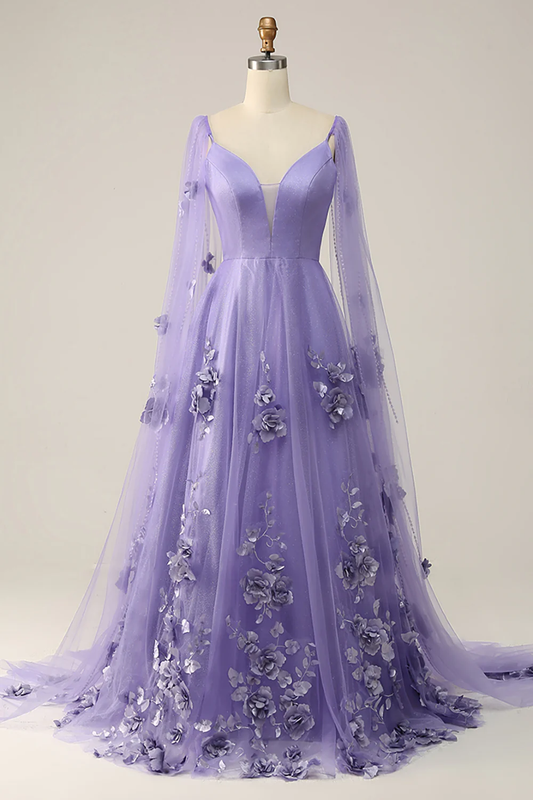 Purple Cape Sleeves Long Prom Dress With 3d Flowers,DP1143