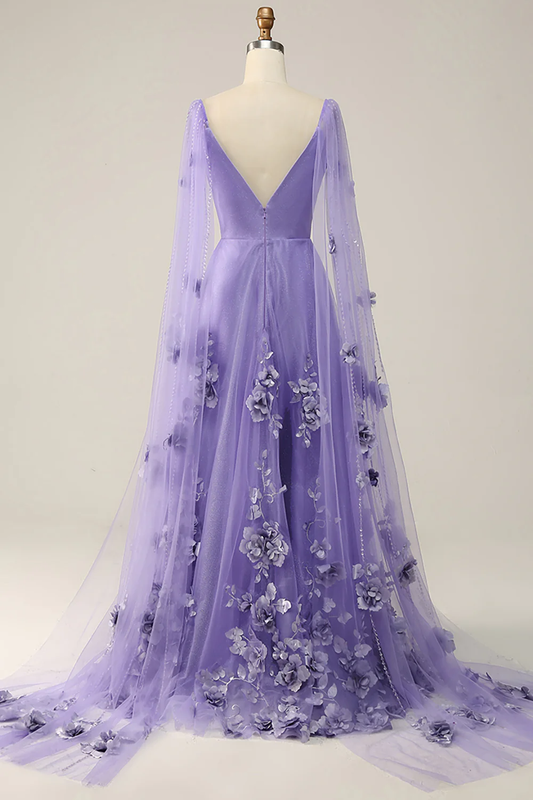 Purple Cape Sleeves Long Prom Dress With 3d Flowers,DP1143