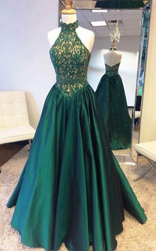 Green Elegant Halter Satin Long Prom Dress With Lace Beading,DP1144