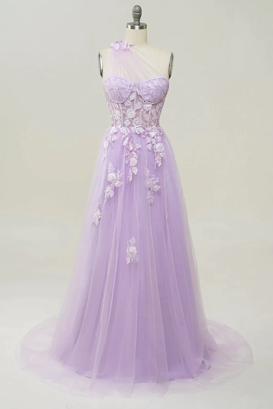 Lilac Elegant A-Line One Shoulder Long Prom Dress With Appliques,DP1147