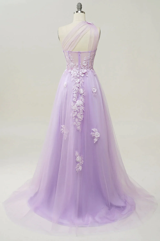 Lilac Elegant A-Line One Shoulder Long Prom Dress With Appliques,DP1147