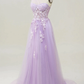 Lilac Elegant A-Line One Shoulder Long Prom Dress With Appliques,DP1147