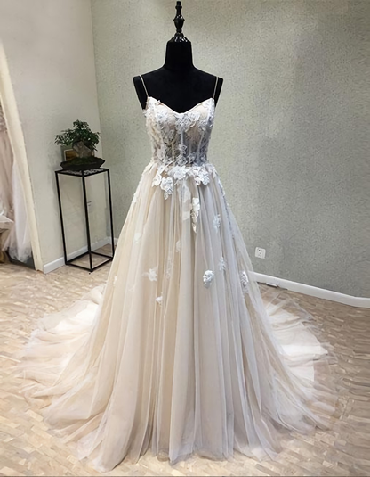 Elegant Ivory Spaghetti Straps Lace Tulle Formal Prom Dress,DP1148