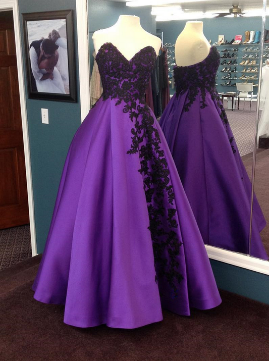 Purple Sweetheart Black Lace Appliques Long Prom Dress Ball Gowns,DP1150