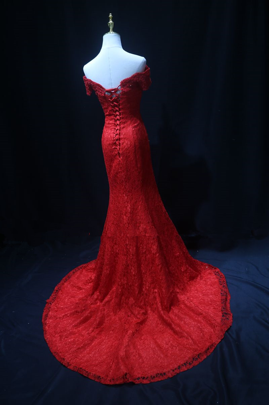 Red Off Shoulder Lace Mermaid Formal Prom Dress Long Prom Dress,DP1152