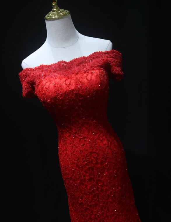 Red Off Shoulder Lace Mermaid Formal Prom Dress Long Prom Dress,DP1152