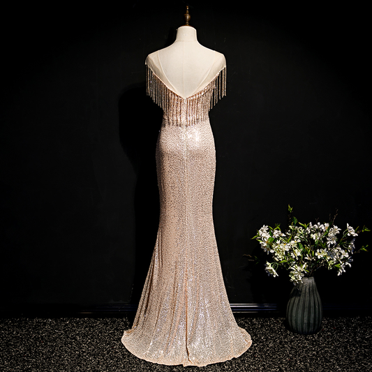 Champagne Sequins O-neck Tassel Mermaid Backless Formal Party Dress,DP1157