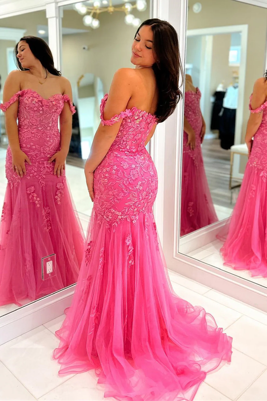 Pink Off-Shoulder Floral Appliques Mermaid Long Prom Dress,DP1159