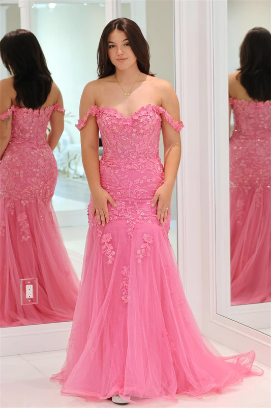 Pink Off-Shoulder Floral Appliques Mermaid Long Prom Dress,DP1159