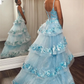 Light Blue Floral Mermaid Long Prom Dress with Detachable Layered Train,DP1160