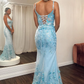 Light Blue Floral Mermaid Long Prom Dress with Detachable Layered Train,DP1160