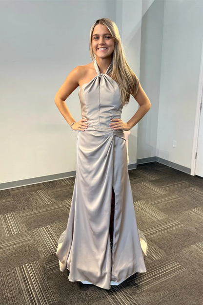 Grey Satin Halter Backless Long Prom Dress with Slit,DP1163