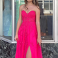 Hot Pink Strapless Floral Appliques A-line Long Prom Dress with Slit,DP1165