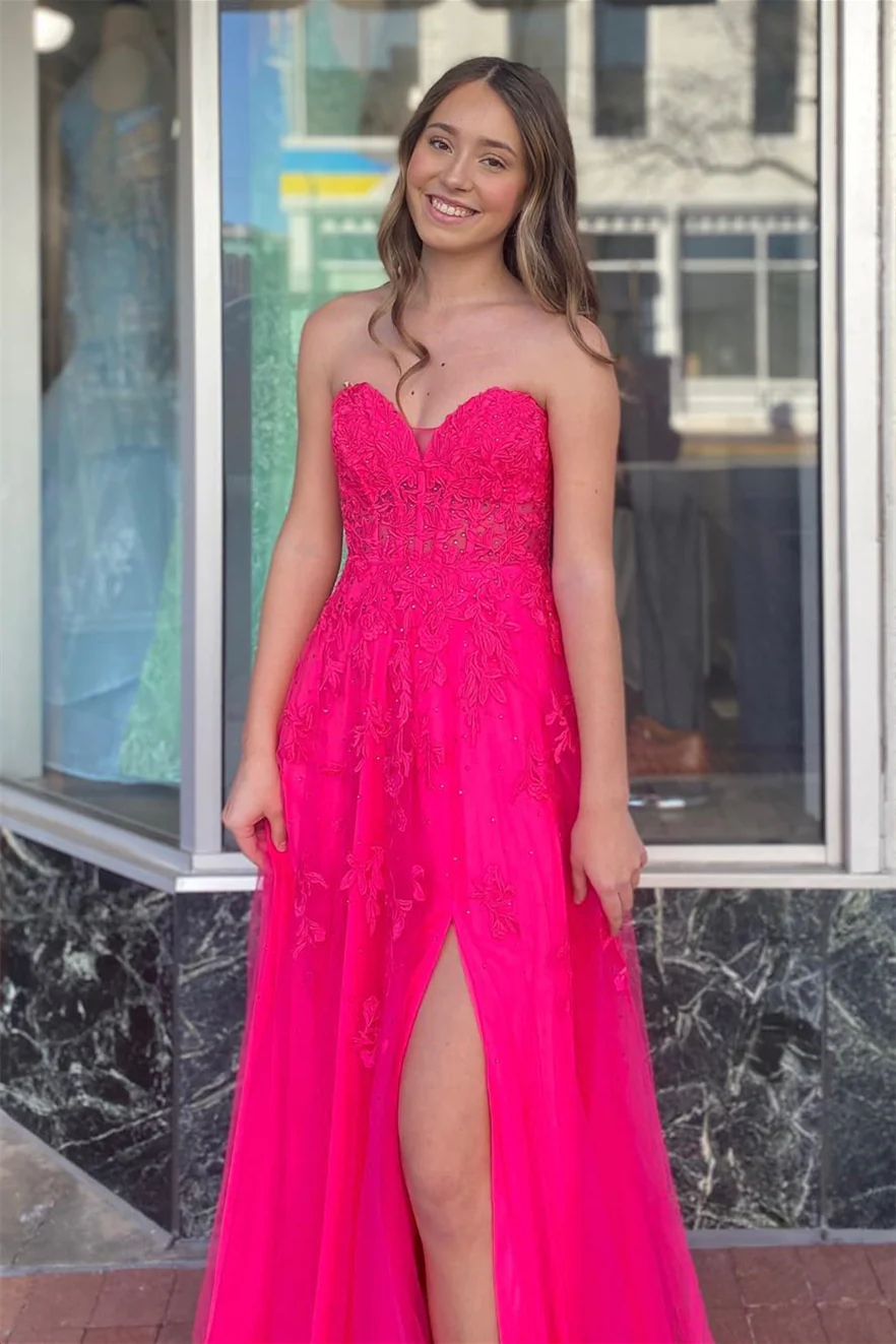 Hot Pink Strapless Floral Appliques A-line Long Prom Dress with Slit,DP1165