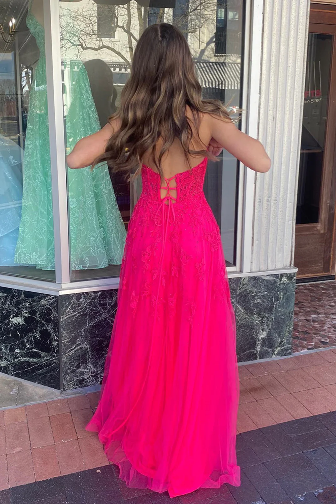 Hot Pink Strapless Floral Appliques A-line Long Prom Dress with Slit,DP1165