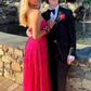 Hot Pink Strapless Floral Appliques A-line Long Prom Dress with Slit,DP1165