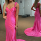 Hot Pink Floral Straps Mermaid Satin Long Prom Dress,DP1166