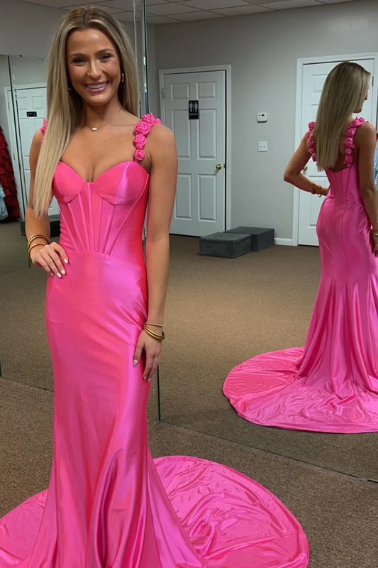 Hot Pink Floral Straps Mermaid Satin Long Prom Dress,DP1166