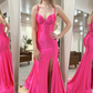 Hot Pink Spaghetti Straps Satin Long Prom Dress with Slit,DP1167