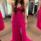 Fuchsia Shiny Layers Spaghetti Straps Long Prom Dress,DP1168