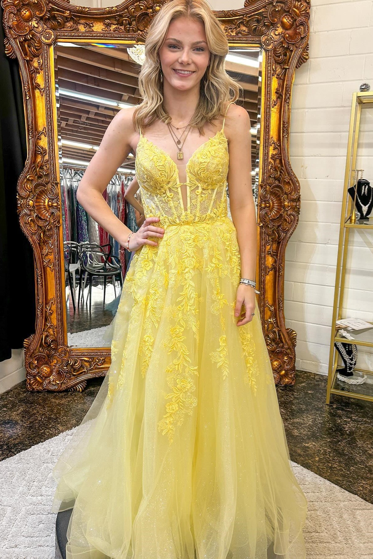 Yellow Floral Spaghetti Straps A-line Long Prom Dress,DP1169