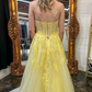 Yellow Floral Spaghetti Straps A-line Long Prom Dress,DP1169