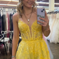 Yellow Floral Spaghetti Straps A-line Long Prom Dress,DP1169