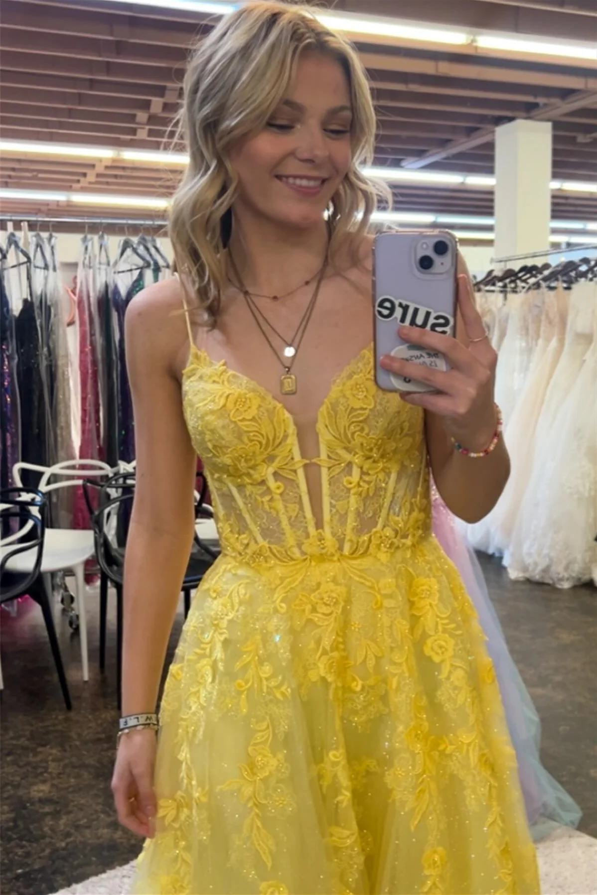 Yellow Floral Spaghetti Straps A-line Long Prom Dress,DP1169