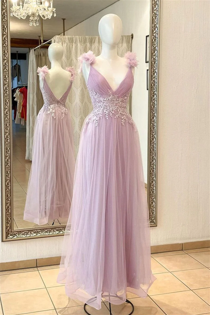 Pink Deep V Neck Flowers Pleated Appliques Long Prom Dress,DP1170