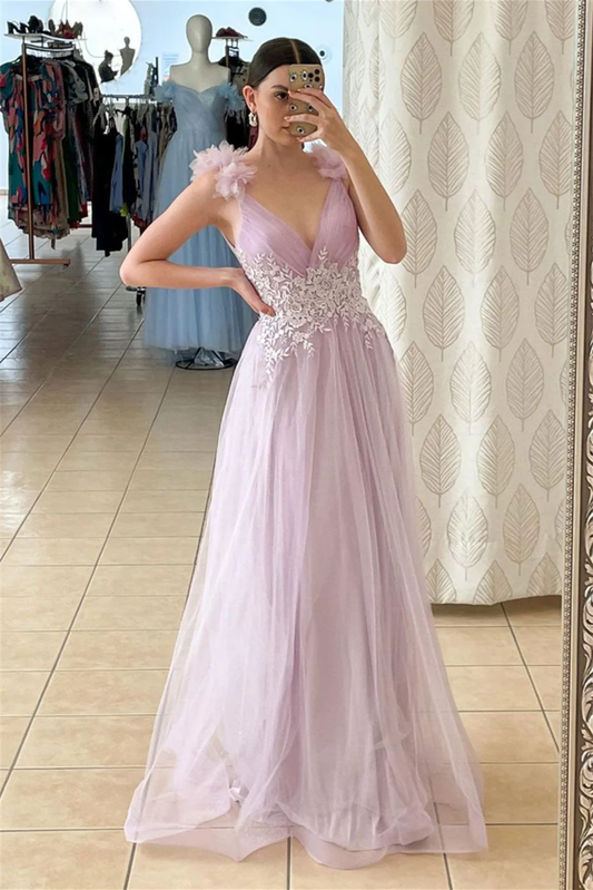 Pink Deep V Neck Flowers Pleated Appliques Long Prom Dress,DP1170