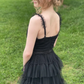 Black Ruffle Straps Tulle Multi-Layers V Neck Long Prom Dress,DP1171