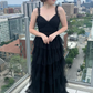 Black Ruffle Straps Tulle Multi-Layers V Neck Long Prom Dress,DP1171