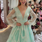 Dusty Sage Plunging V Neck Illusion Sleeves Beaded Long Prom Dress,DP1173