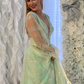 Dusty Sage Plunging V Neck Illusion Sleeves Beaded Long Prom Dress,DP1173