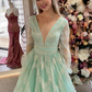 Dusty Sage Plunging V Neck Illusion Sleeves Beaded Long Prom Dress,DP1173