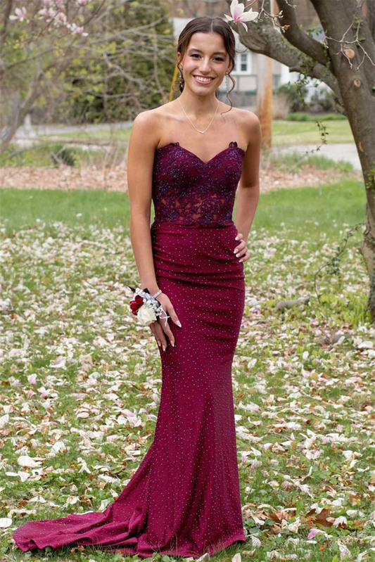 Burgundy Mermaid Strapless Appliques Long Prom Dress,DP1174