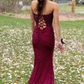 Burgundy Mermaid Strapless Appliques Long Prom Dress,DP1174