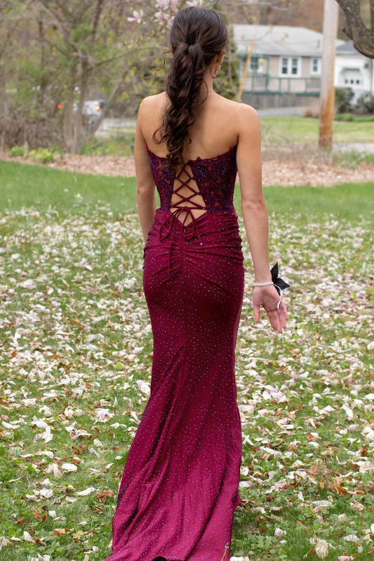 Burgundy Mermaid Strapless Appliques Long Prom Dress,DP1174