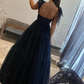 Dark Navy Bow Tie Shoulder Tulle A-line Long Prom Dress,DP1175