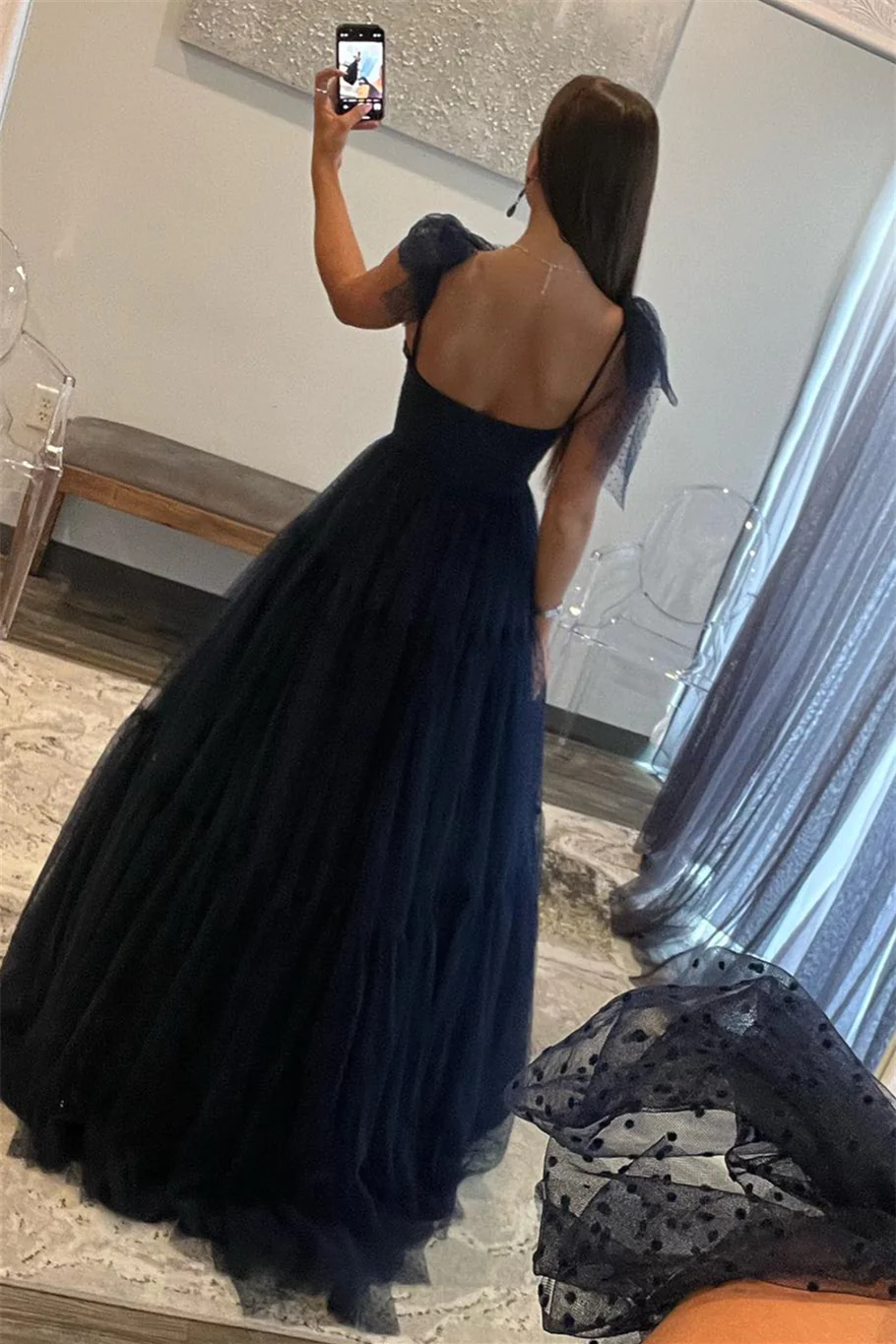 Dark Navy Bow Tie Shoulder Tulle A-line Long Prom Dress,DP1175