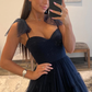 Dark Navy Bow Tie Shoulder Tulle A-line Long Prom Dress,DP1175