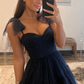 Dark Navy Bow Tie Shoulder Tulle A-line Long Prom Dress,DP1175