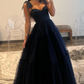 Dark Navy Bow Tie Shoulder Tulle A-line Long Prom Dress,DP1175